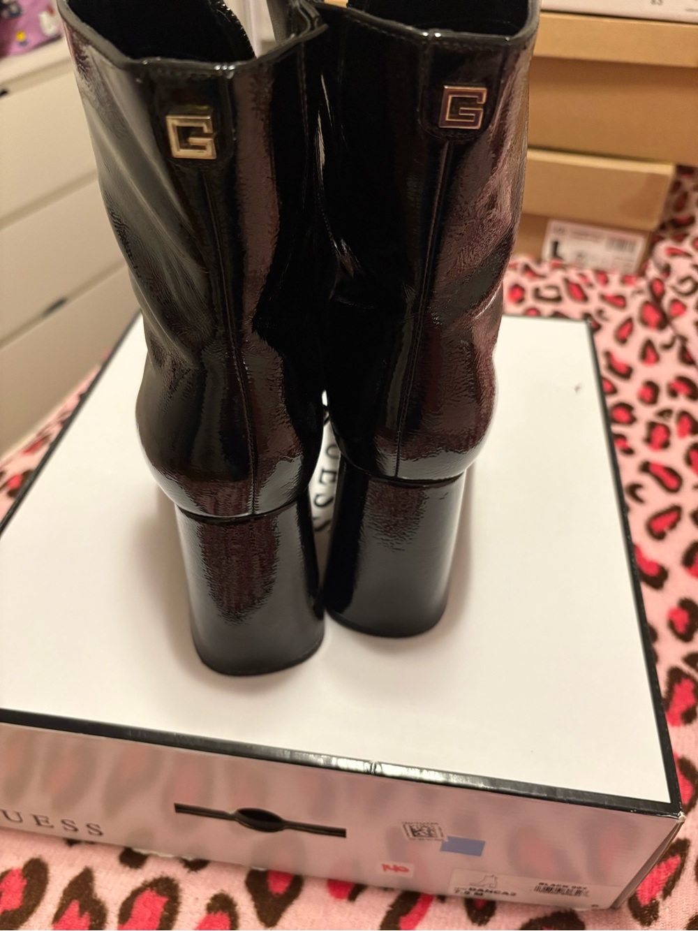 GUESS Glossy Black Patent Block Heel Ankle Boots